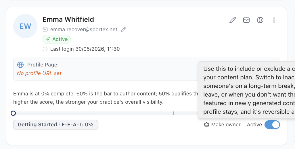 The Active toggle on a clinician's team card, with its explanation: use it to include or exclude a clinician from your content plan — the profile stays, and it is reversible