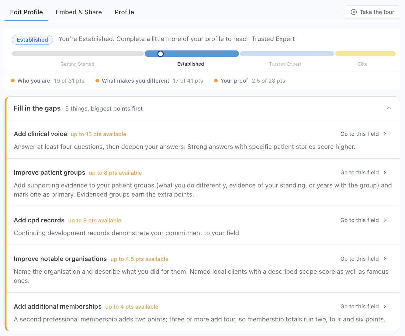 The Fill in the gaps section in the profile editor: the biggest missing points listed first, each linking straight to its field