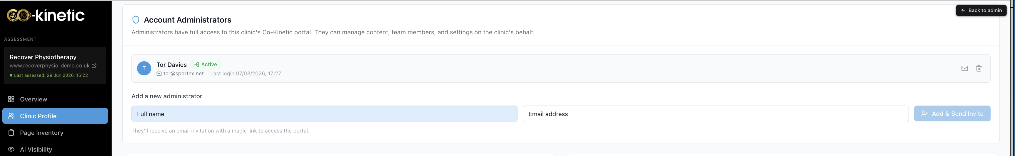 The Account Administrators section: current administrators listed, with name and email boxes to add and invite a new one