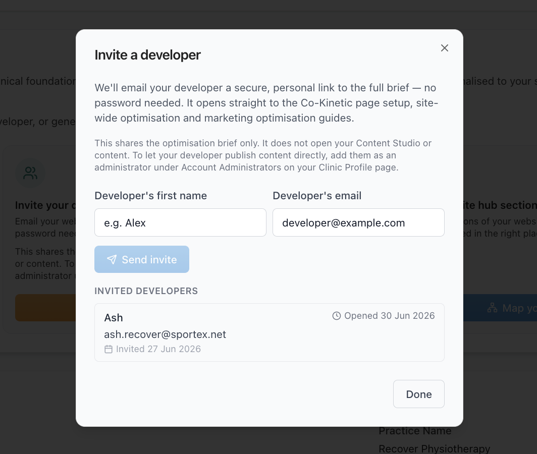The Invite a developer dialog: first name and email, what the link does and does not open, and the invited list showing when the brief was opened