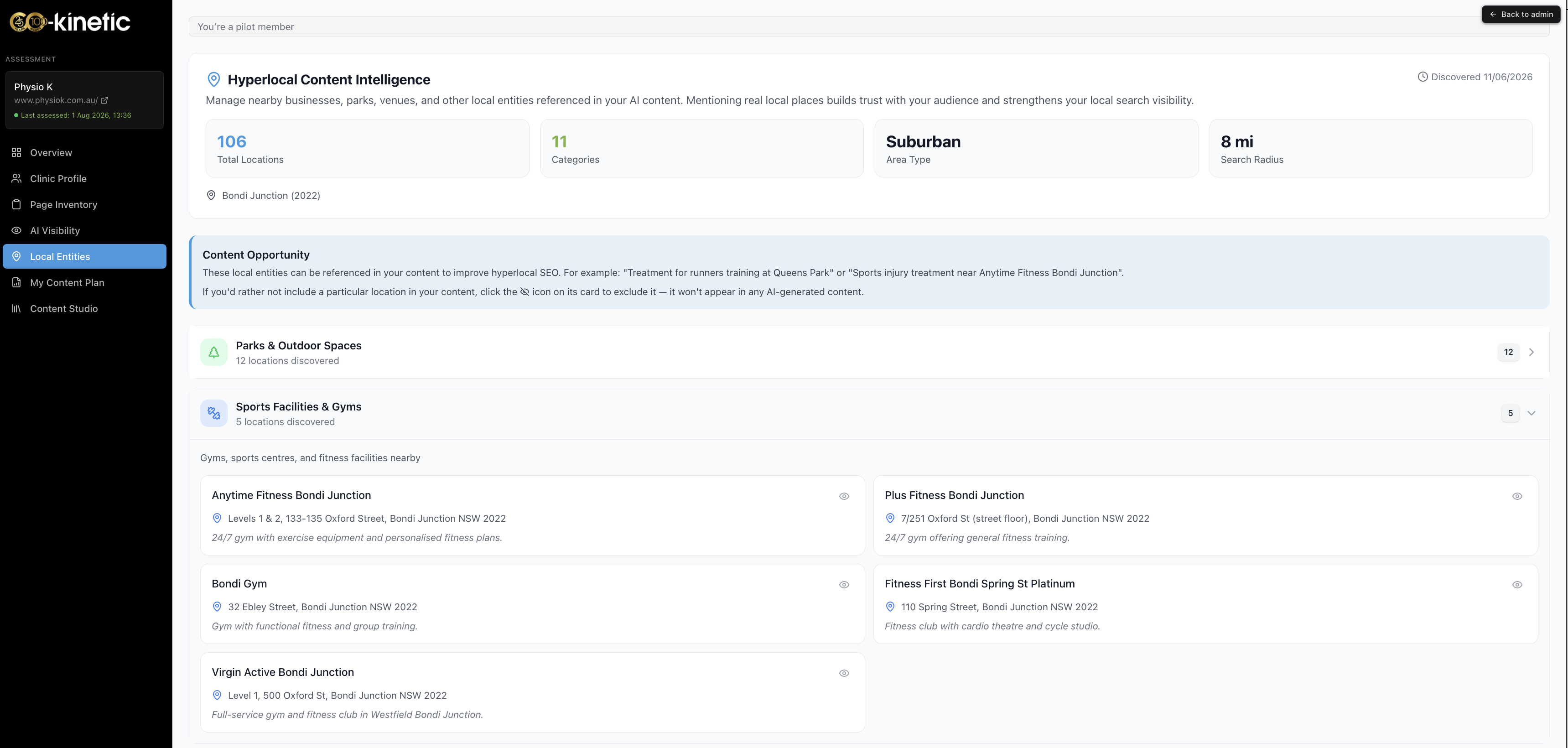 The Hyperlocal Content Intelligence page: your local entities by category, each card carrying its eye icon