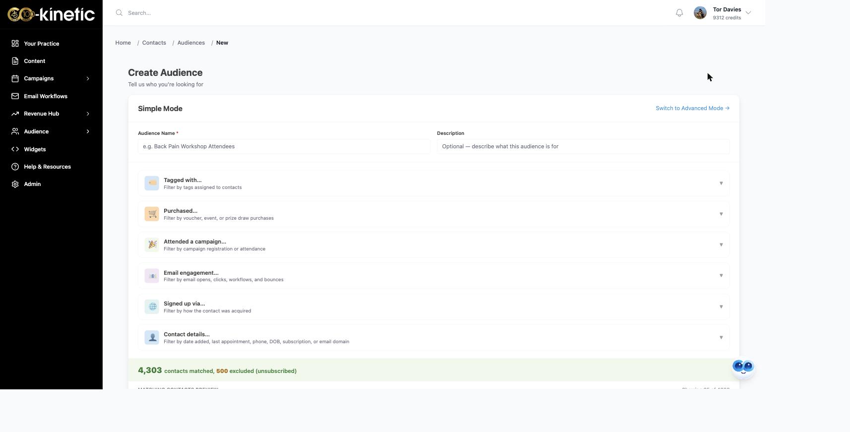 The audience builder in Simple Mode: the six filter cards and the live matched count