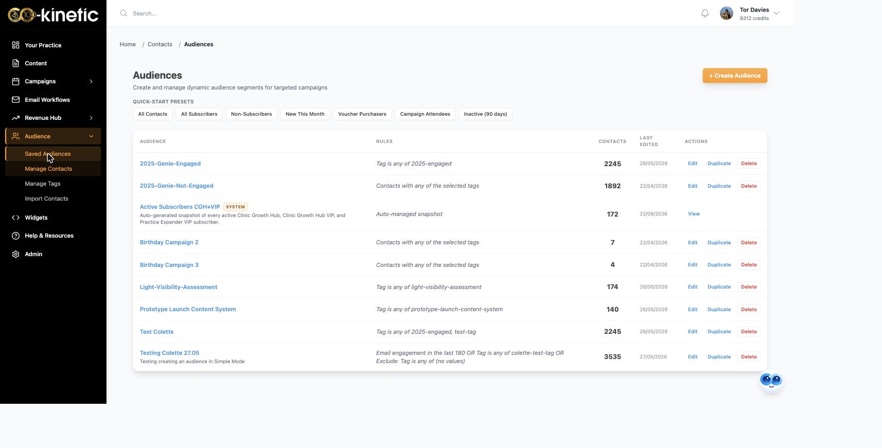 Your saved audiences: rules, live counts and the quick-start presets