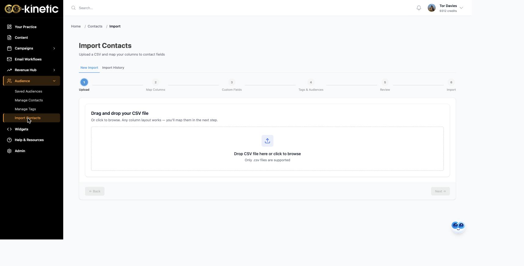 The Import Contacts wizard: six steps, drag in any CSV