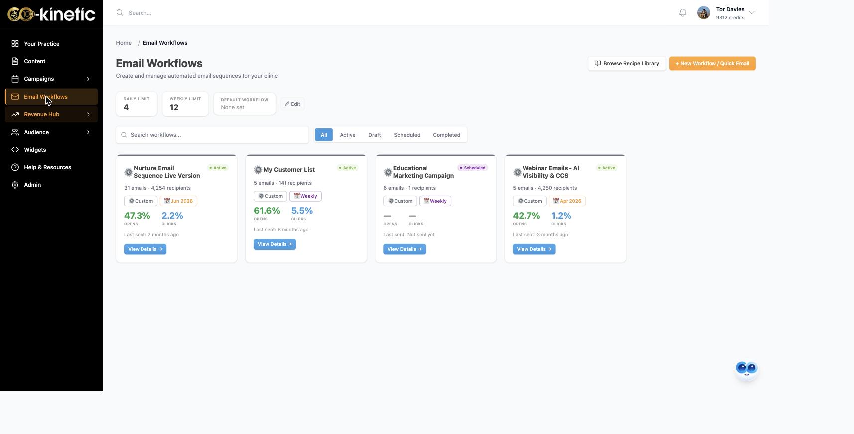 The Email Workflows page: your limits bar, Default Workflow setting and workflow cards