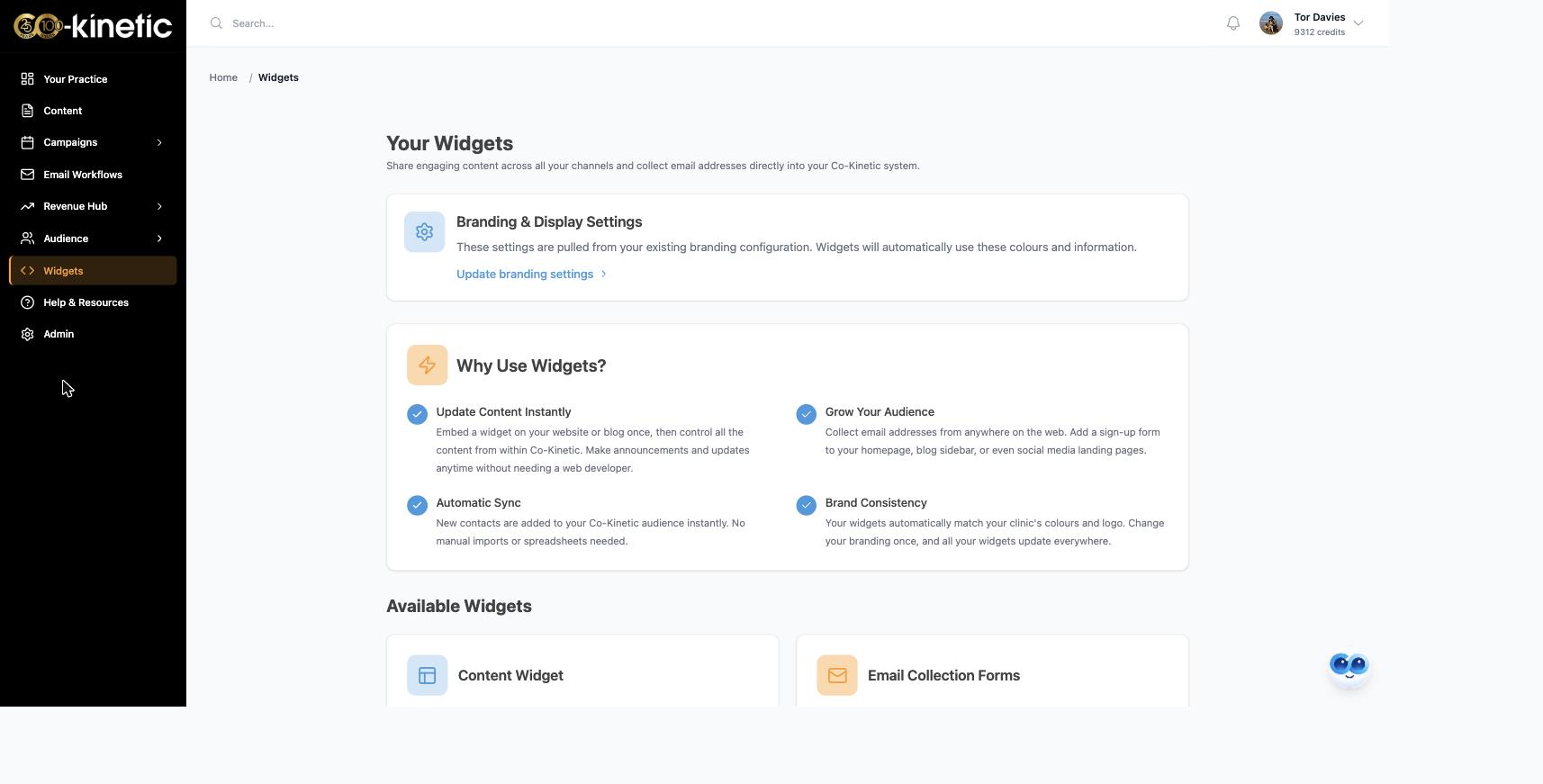 Your Widgets: the five widgets, each with its Manage button