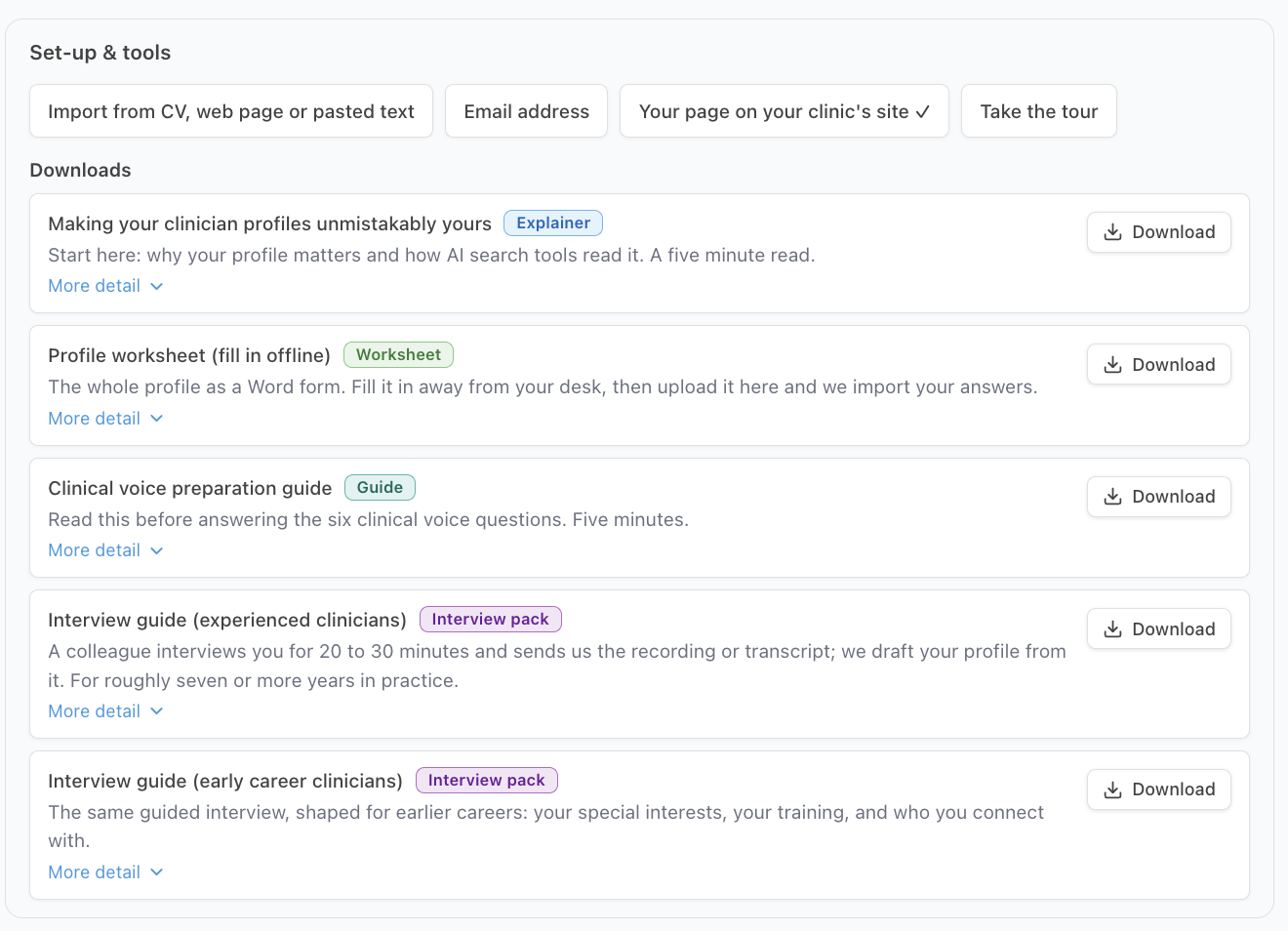 The Set-up and tools Downloads panel on the profile: the explainer, the offline worksheet, the clinical voice guide and both interview guides