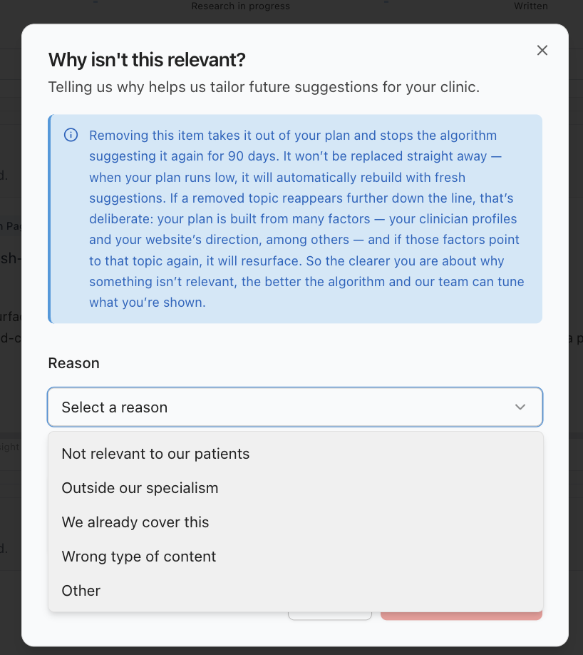 The "Why isn't this relevant?" dialog: what removal does, the reason list, and the optional detail box