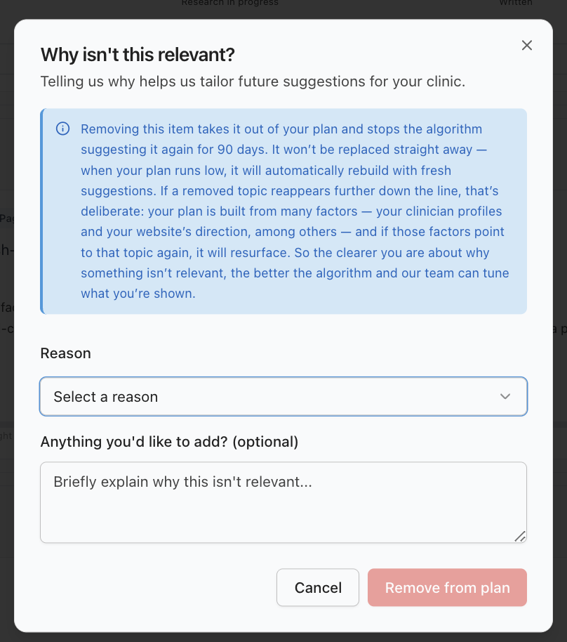 Picking a reason and adding detail, then Remove from plan