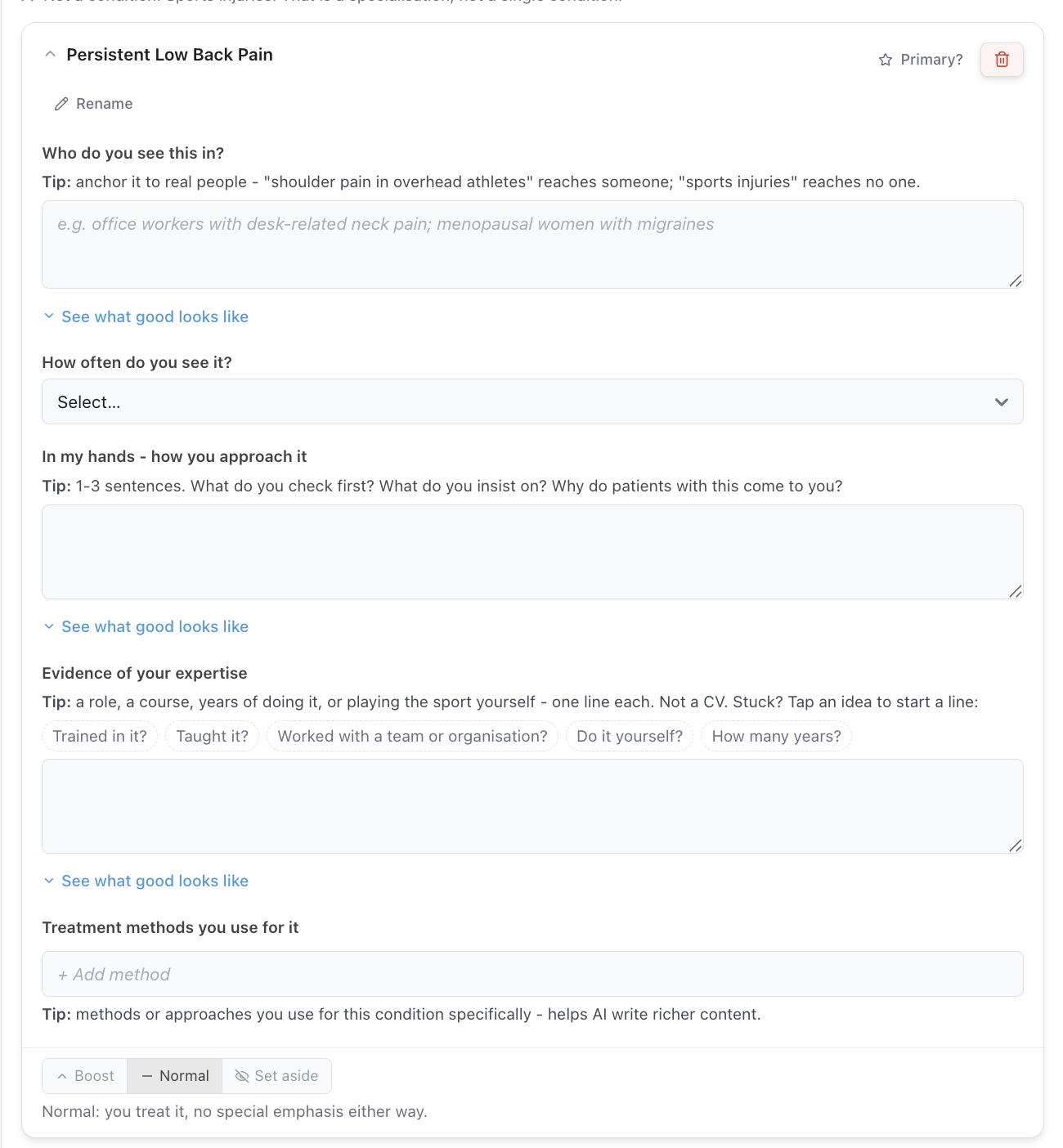 A condition entry expanded in the profile editor: who you see it in, how often, your approach, evidence of your expertise and treatment methods — with the Primary? star and the Boost / Normal / Set aside emphasis control