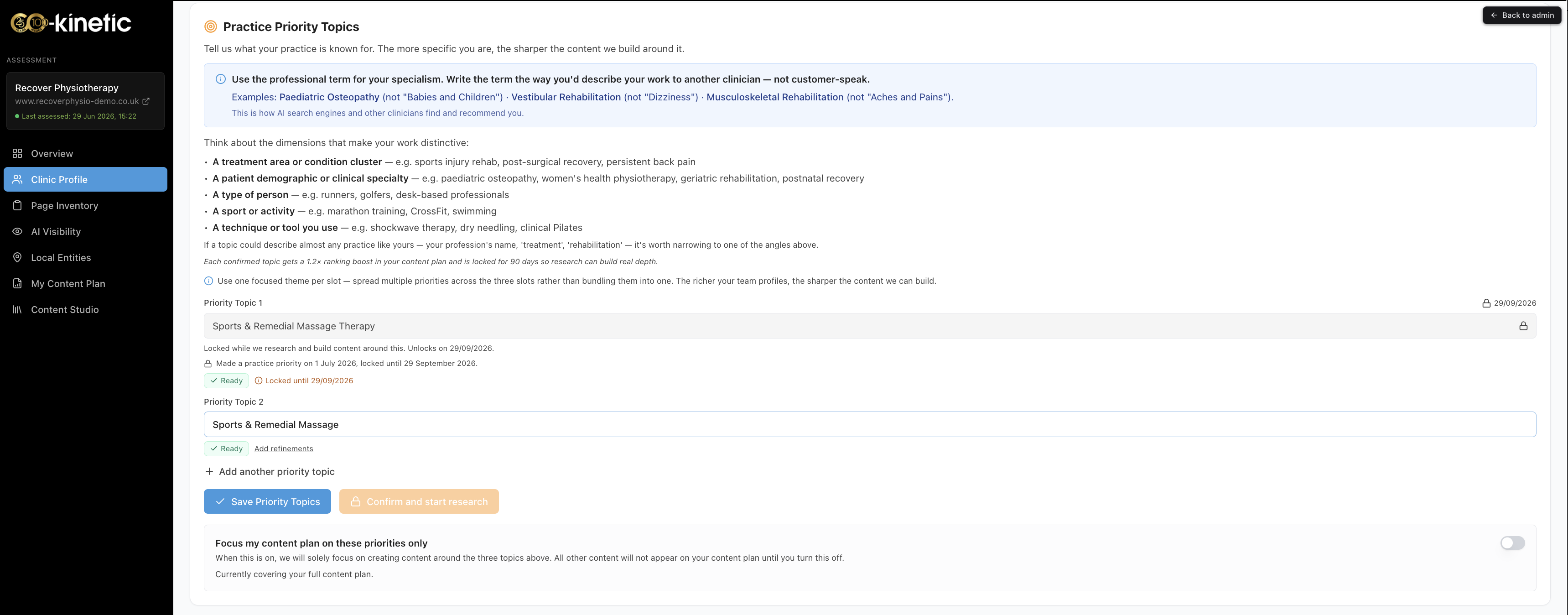 The Practice Priority Topics section on the Clinic Profile page: a locked topic with its unlock date, an editable slot, and the Confirm and start research button