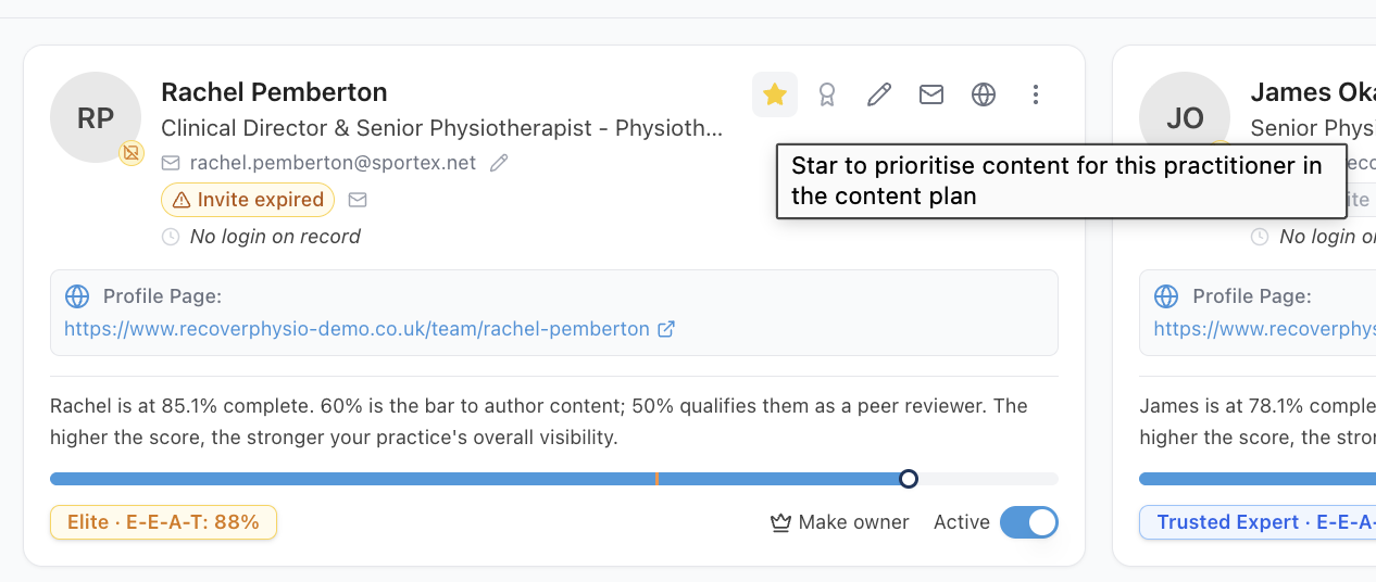 The star control on a clinician's team card: star to prioritise content for this practitioner in the content plan