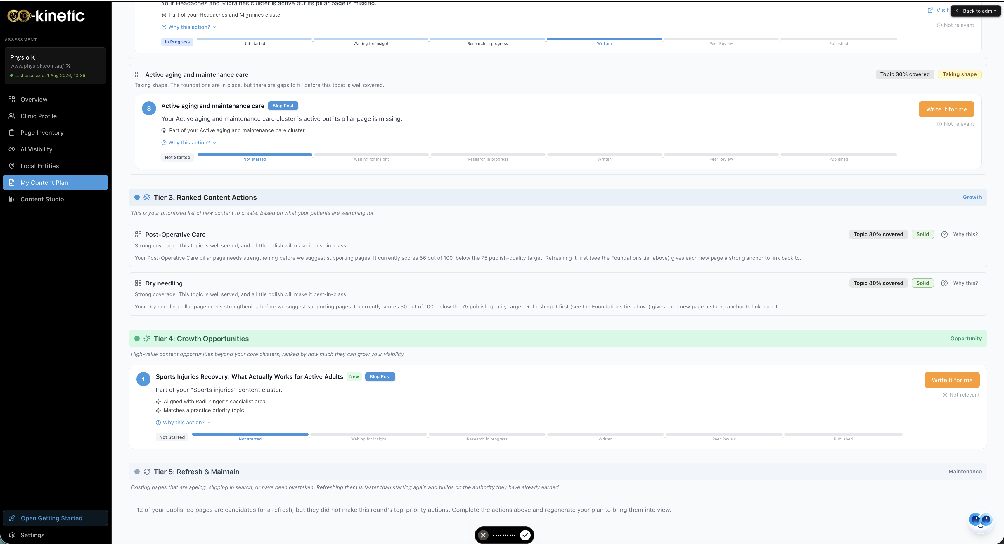 The plan's tier sections: Ranked Content Actions with topic-coverage badges, Growth Opportunities, and Refresh & Maintain