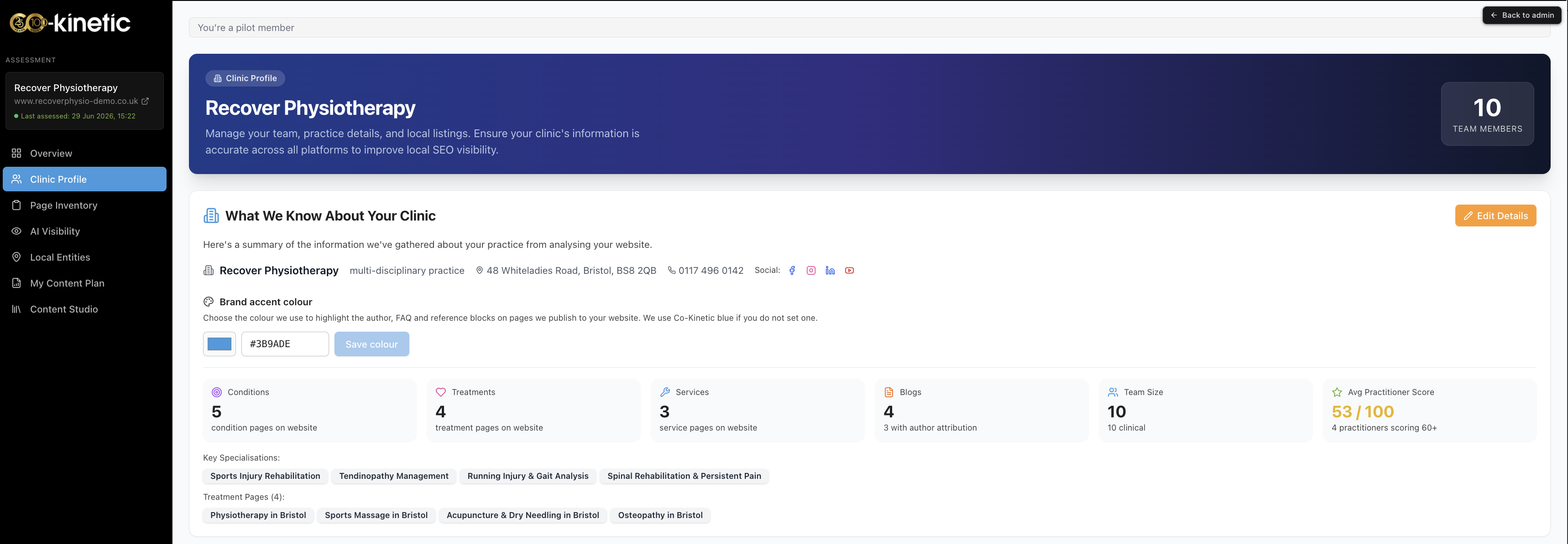 The clinic details and brand colour at the top of the Clinic Profile page