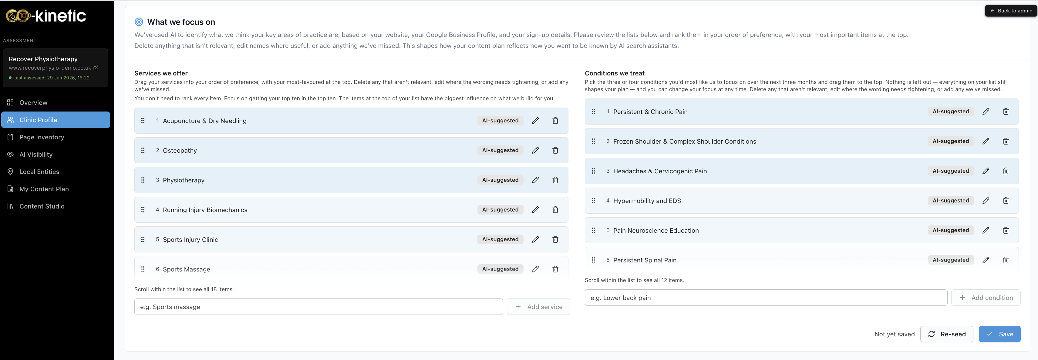 The services and conditions lists on the Clinic Profile page: drag handles to reorder, edit and remove controls on every item, and add boxes beneath