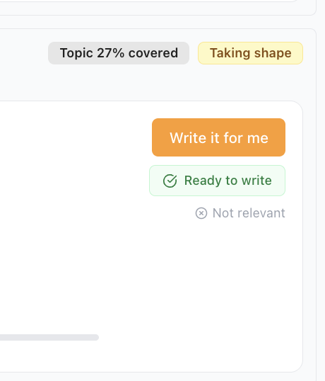 The controls on a plan item: the Write it for me button, its Ready to write status, and the small Not relevant link beneath