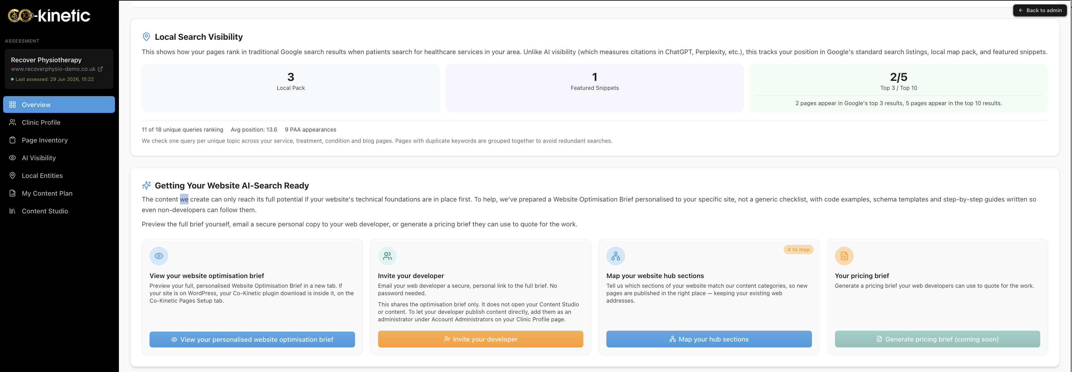 The Getting Your Website AI-Search Ready section on the Overview page: view the brief, invite your developer, and map your hub sections