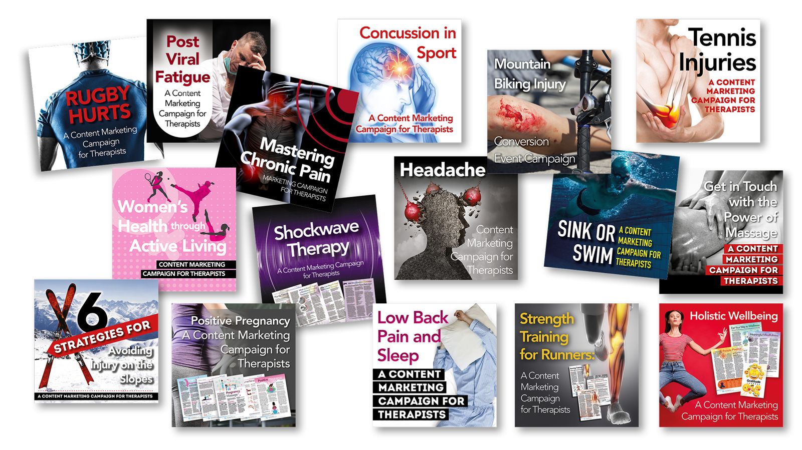 A range of Co-Kinetic content marketing campaigns for therapists