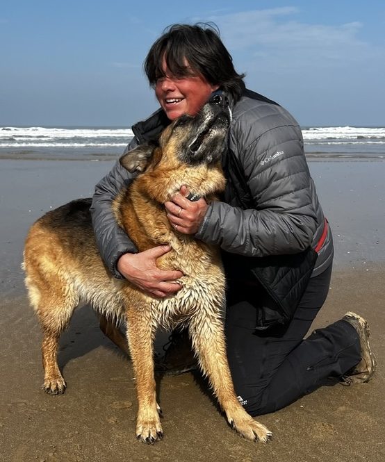 Tor Davies with Lupa on Holkham Beach, Norfolk
