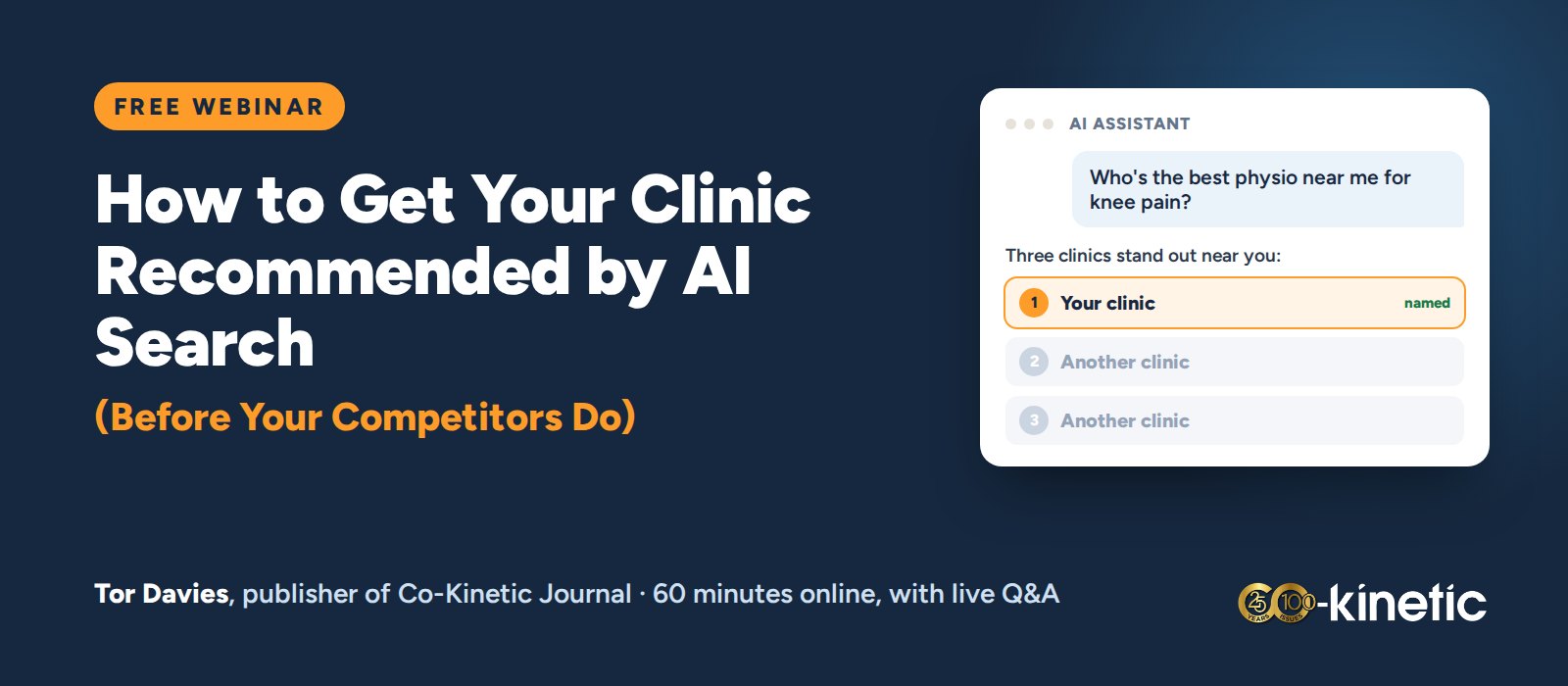 Free webinar: How to Get Your Clinic Recommended by AI Search, with Tor Davies